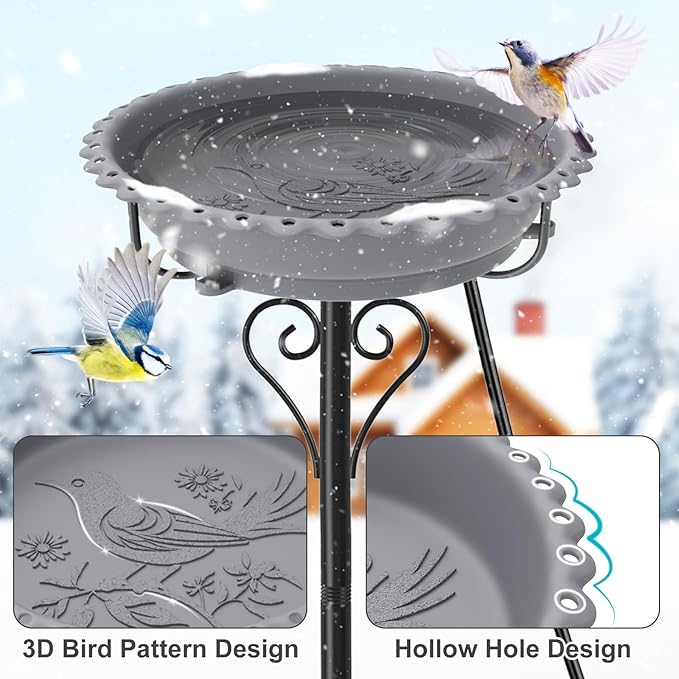 Heated Bird Bath for Outside Winter, Powerful 100W Thermostat Control Water Heated BirdBaths Bowl for Outdoors with 5-Prong Metal Base Heated Bird Bath for Garden Patio Yard Lawn (Gray)
