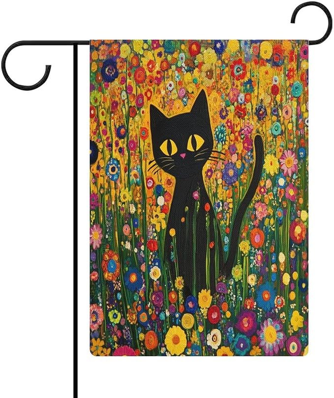Wild Flowers Floral Leaf Botanical Plants Welcome Garden Flag 12x18 Double Sided for Outside Cute Black Cat in The Flower Garden Farmhouse Flags Yard Flag Seasonal Yard Decoration
