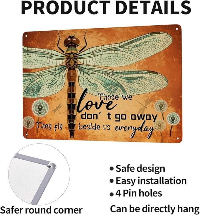 Dragonfly Garden Those We Love Don't Go Away They Fly Beside Us Every Day Vintage Metal Tin Sign Retro Rustproof Funny Art Wall Decor Gift for Women Hippie Home Living Room 8x12 Inch