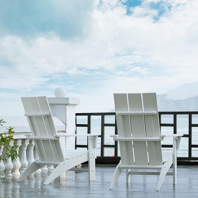Psilvam Modern Adirondack Chairs Set of 4, Oversized Poly Lumber Fire Pit Chair, 350 Lbs Support Patio Chairs for Garden, Weather Resistant Adirondack Chair Looks Like Real Wood (4, White)