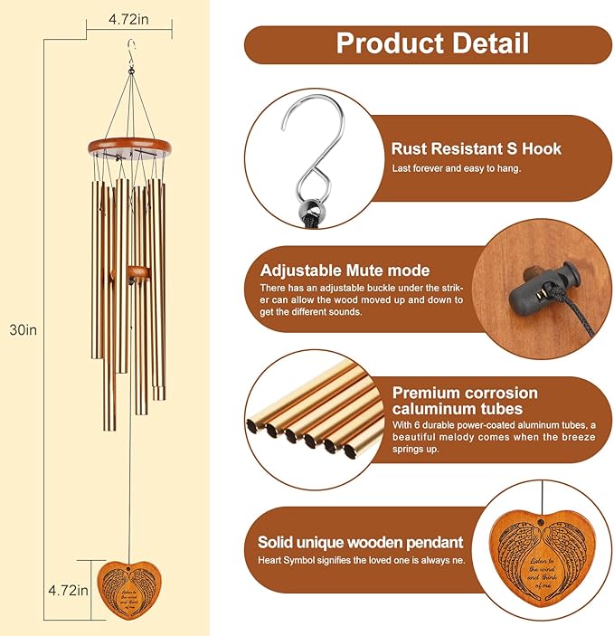 Wind Chimes for Outside,30" Large Deep Tone Sympathy Chimes, Memorial Loss of Loved One Mother Father, Meaningful Bereavement/Memorial/Sympathy Gift in Memory a one
