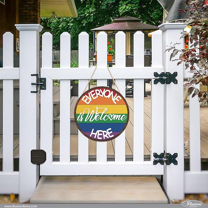 HLNIUC Everyone is Welcome Here Wood Sign 11.4”x11.4” Round Rainbow Hanging Plaque Rustic inspirational Front Door Hanger Muti Color Rainbow Welcome Wall Diversity Decoration for Home
