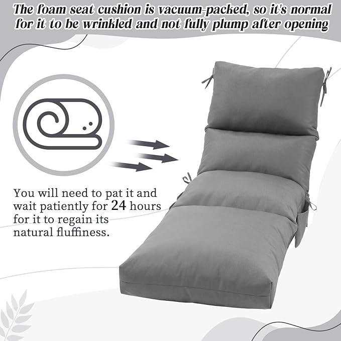 Kigley 2 Pcs Chaise Lounge Cushions, 77.9 x 20.5 x 4.7 Inch Outdoor Lounge Chair Cushions with Pocket, Thick Tufted Patio Recliner Replacement with Ties, Fade Resistant for Pool Furniture (Light Gray)