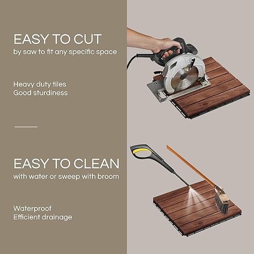 10 Pcs Deck Tiles, Patio Flooring - Outdoor Waterproof Acacia Wood Tiles for All Weather Use - Balcony, Backyard, Indoor & Outdoor (Dark Brown Striped Pattern, 10 Square Ft)