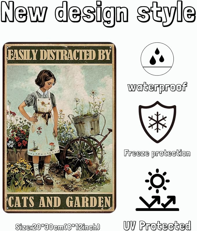 Garden Metal Sign, Easily Distracted By Cats And Garden Funny Girl and Chicken Sign, Retro Backyard Fence Poster, Vintage Yard Gardening Decor Outdoor, Gardening Gift for Woman, Grandma 8 * 12"