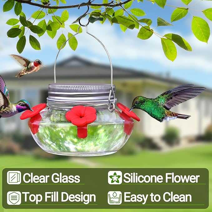 Glass Hummingbird Feeders for Outdoors Hanging, Cute Mason Jar Shape with 4 Silicone Flower Feeding Ports, Top Fill Leak Proof Easy to Clean and Refill, Humming Bird Feeder for Outside Garden