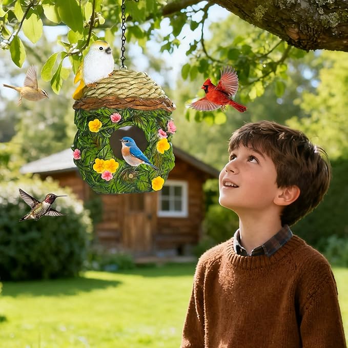 Bird Houses for Outside Bird Nesting Design Resin Birdhouse, Garden Outdoor Decor Bird House with Flower and Leaf Details, Birdhouses for Outdoors for Bluebird Finches Cardinals