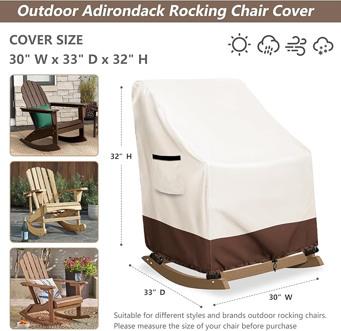 Outdoor Adirondack Rocking Chair Cover,Heavy Duty 600D Waterproof Patio Rocking Chairs Cover for 30" W x 33" D x 32" H Rocking Chair,Beige