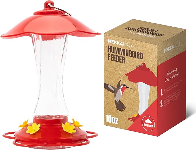 MEKKAPRO Hummingbird Feeders for Outdoors Glass - Red Hummingbird Feeders for Outdoors, Metal Ring, Bee-Proof Design, Easy Assembly, Red Hummingbird Feeder 10 oz