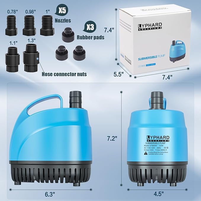 LYPHARD AQUARIUMS 125W Submersible Water Pump, 1110GPH High Lift 12.8ft Aquarium Pumps for Fish Tank, Pond, Fountain, Hydroponics, Waterfall