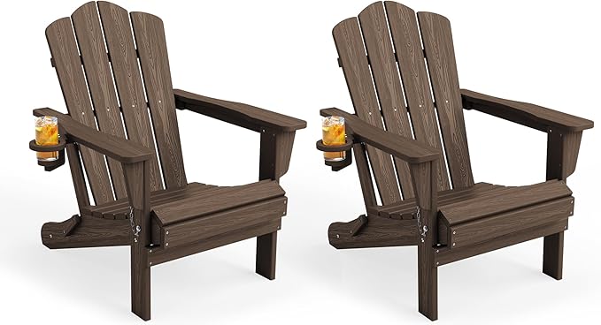 KINGYES Folding Adirondack Chair Set of 2, HDPE All-Weather Patio Chairs with Cup Holder, Wooden Textured Fire Pit Chairs for Poolside, Backyard, Deck, Coffee
