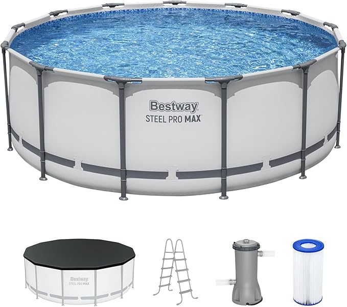 Bestway Steel Pro MAX 13' x 48" Above Ground Pool, Round Metal Frame Outdoor Swimming Pool Set with Filter Pump, Ladder, and Cover, Gray