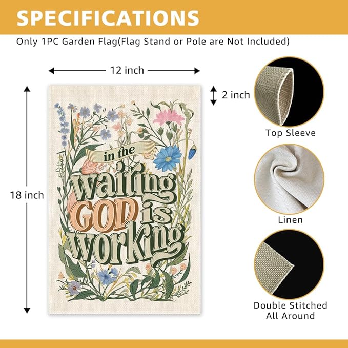 In the Waiting God is Working Floral Garden Flag, Double Sided Yard Outdoor Farmhouse Lawn Porch Decor, Christian Yard Flag, Religious Outdoor Home Decor, Inspirational Bible Saying Flag