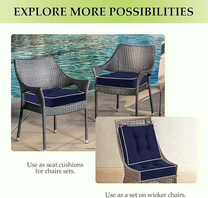 HARBOREST Outdoor Chair Cushions Set of 2, Tufted Patio Chair Cushions with Ties, Square Corner Outdoor Cushions for Patio Furniture, Lawn Chairs, Wicker Chairs, 19" x 19" x 5", Navy