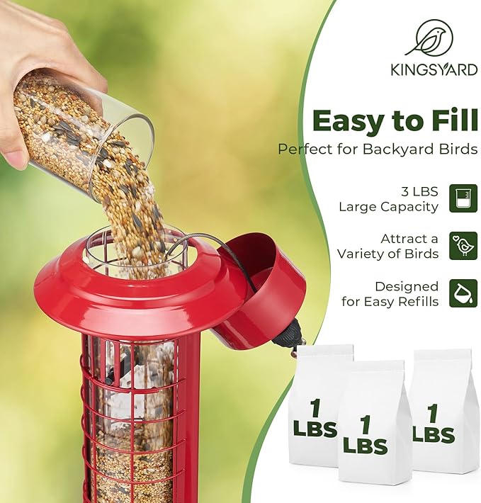 Kingsyard Squirrel Proof Bird Feeder for Outside Hanging, Weight-Activated All-Metal Wild Bird Feeders for Cardinal Finch, Detachable Base Easy to Clean, 3 LBS Capacity,Red