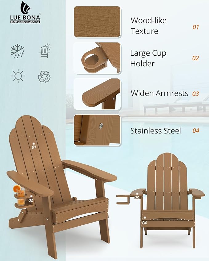 LUE BONA Folding Adirondack Chair, Chairs Set of 2, Cup Holder, Woodgrain, Fire Pit, Patio, Pool, Brown