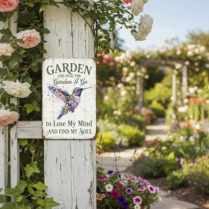 Vintage Hummingbird Garden Tin Sign - "Into The Garden I Go" Inspirational Quote - 8x12 Aluminum Floral Bird Wall Art - Rustic Farmhouse Patio Decor - Metal Sign Perfect Gardening Gift for Shed, Mom, Grandma