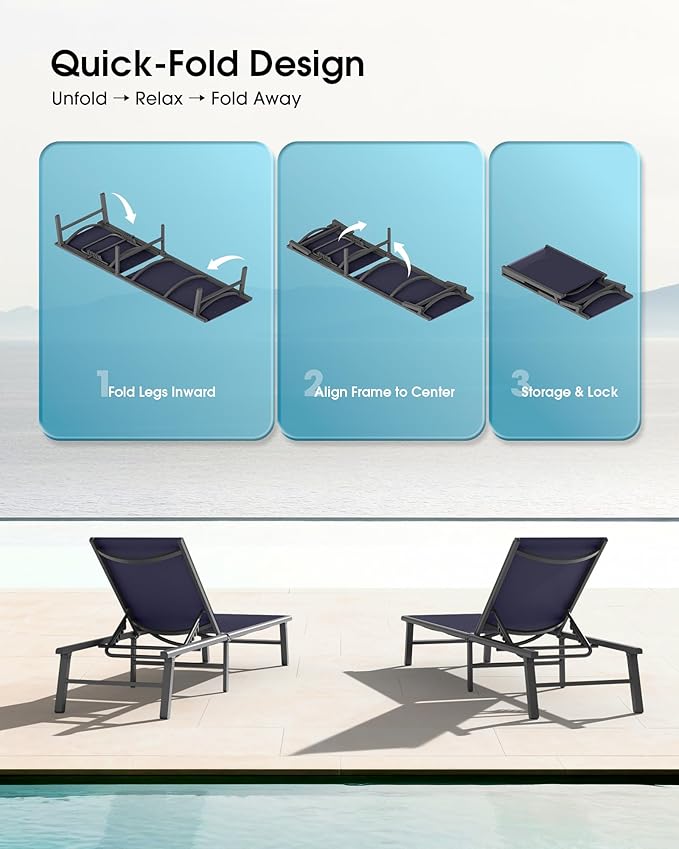 Ciokea Foldable Outdoor Lounge Chair, No Assembly Patio Chaise Lounge Outdoor with 5-Positions, Aluminum Pool Lounge Chair with Portable Design for Pool, Beach, Deck, Backyard, Navy Blue