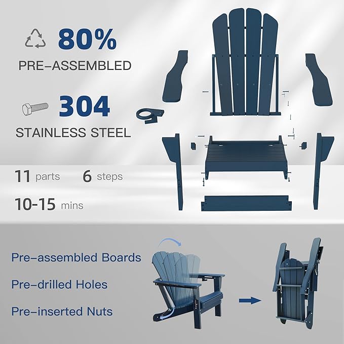 Domi Folding Adirondack Chairs Set of 8, HDPE All-Weather Outdoor Chairs with Cup Holder, Wooden Textured Fire Pit Chairs for Backyard, Patio, Poolside & Deck, Navy Blue