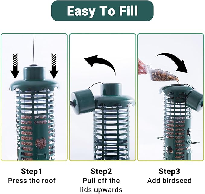 Squirrel Proof Bird Feeder Metal Mesh for Outdoors Hanging Weight Activated Perches,Weatherproof Wild Bird Feeders for Finch, Cardinal Chickadee, Blue Jay 2LB Seed Capacity(Green)