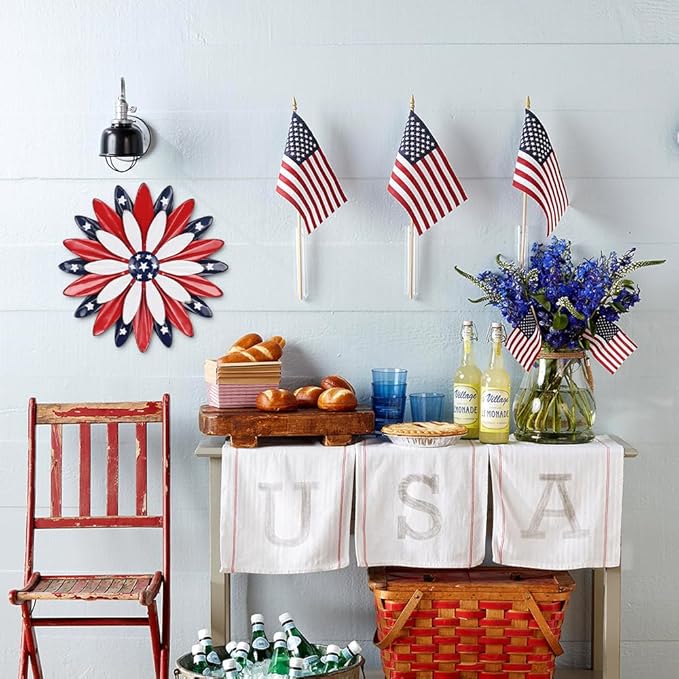 hogardeck 4th of July Decorations Outdoor, 11 inch Red White and Blue Metal Flower Wall Art for Fourth of July Decor, Patriotic Decorations for Yard Garden Home Indoor Mantel