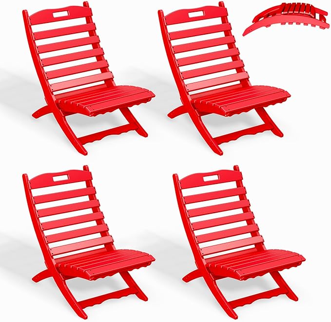 GREENVINES Folding-Xavier-Chairs Set of 4 | Wave | Portable Adirondack-Chair | HDPE Plastic | All Weather Fire-Pit Chair | Red | for Beach Outdoor Deck Poolside Garden Patio Porch Fishing