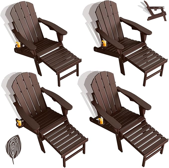 GREENVINES Adjustable Adirondack Chair with Retractable Ottoman Set of 4 | Folding | Wood Grain HDPE Plastic | Fire Pit Chairs w/Foot Rest | 2 Cup Holders | Dark Brown | for Outdoor Poolside