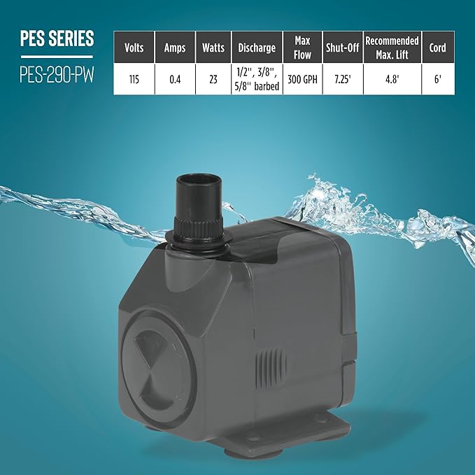 Little Giant PES-290-PW 115-Volt, 300 GPH Magnetic Drive Fountain/Pond Pump with 6-Ft. Cord, Black, 566717