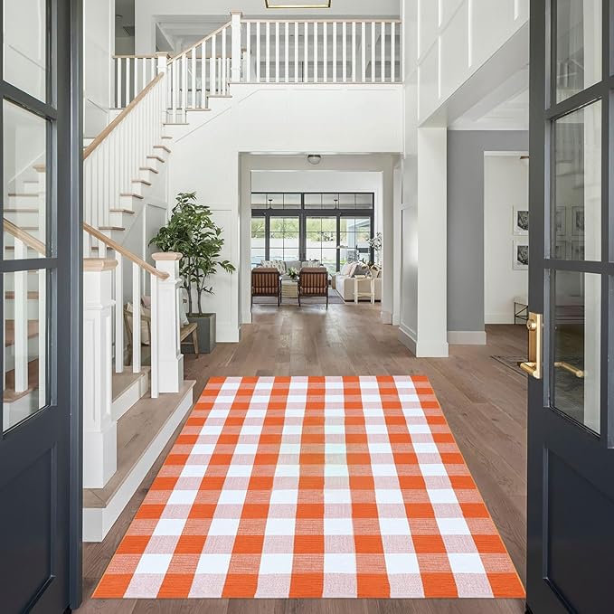 Buffalo Plaid Outdoor Rugs, 4' x 6' Orange and White Checkered Indoor/Outdoor Area Rug, Layering Rug for Hello/Welcome Door Mat, Washable Cotton Woven Farmhouse Mat for Fall Front Porch Décor