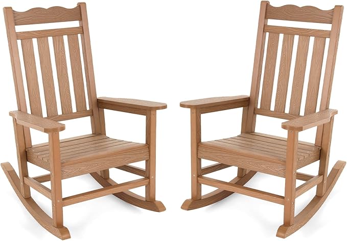 Stoog Patio Rocking Chairs Set of 2, All-Weather Outdoor & Indoor Porch Rocker with 400 lbs Weight Capacity, Front Porch Rocker Chairs Looks Like Real Wood, Teak