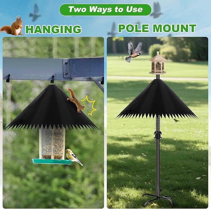 Squirrel Baffle for Bird Feeder Pole, Outdoor Squirrel Guard with Stainless Steel Spring for Shepherd's Hook, Squirrel Stopper for Bird Houses, 19 inch Black