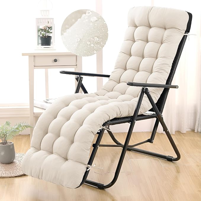 Patio Lounge Chair Cushion, Waterproof Zero Gravity Chair Cushions with Ties, 66x21x4 Inches Chaise Lounge Chair Cushion for Outdoor Indoor Furniture, Cream (Only Cushion)