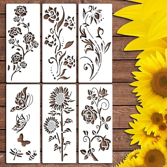 6 Pcs Large Flower Stencils for Painting, 5.9 X 13.7 Inch Flower Stencils for Crafts Reusable, Wood and Wall Stencils for Painting Large Pattern, DIY Templates Holiday Wall Paper (F)
