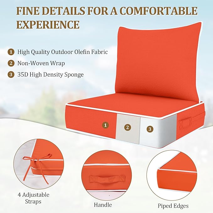 Outdoor Deep Seat Cushion Set, Fade Resistant Patio Chair Cushions, 24x24x6 Inch Patio Sofa Furniture Pad with Removable Cushion Covers (Orange + White Side, 24''Lx24''Wx6''H-2pcs Set)
