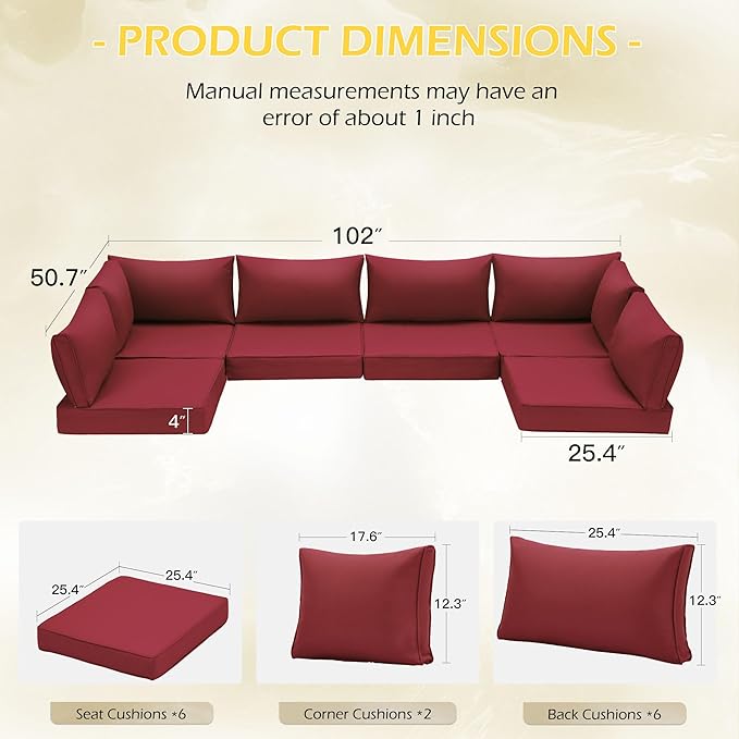 HOMREST Outdoor Replacement Cushions for Patio Furniture,Water-Repellent Sofa Cushion for 6-Seat Rattan Wicker Sectional Patio Conversation Sets,14-Piece Cushions Set for Outdoor Couch（Burgundy Red）