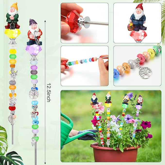 95 Pcs Gnome Garden Stakes Fairy Wand Garden DIY Beaded Stakes Decor 4 Crystal Stopper Top 4 Gnome 64 Large Hole Beads 15 Silver Pendants 4 Threaded Rods 4 Pcs Nuts, for Craft Supply