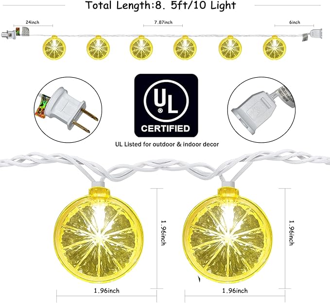 Lemon String Lights, 8.5Ft Summer Patio String Lights with 10 LED Yellow Lemon Slice Lights, Hanging Waterproof Connectable Outdoor Decorative Lights for Indoor Home Garden Christmas Wedding Party