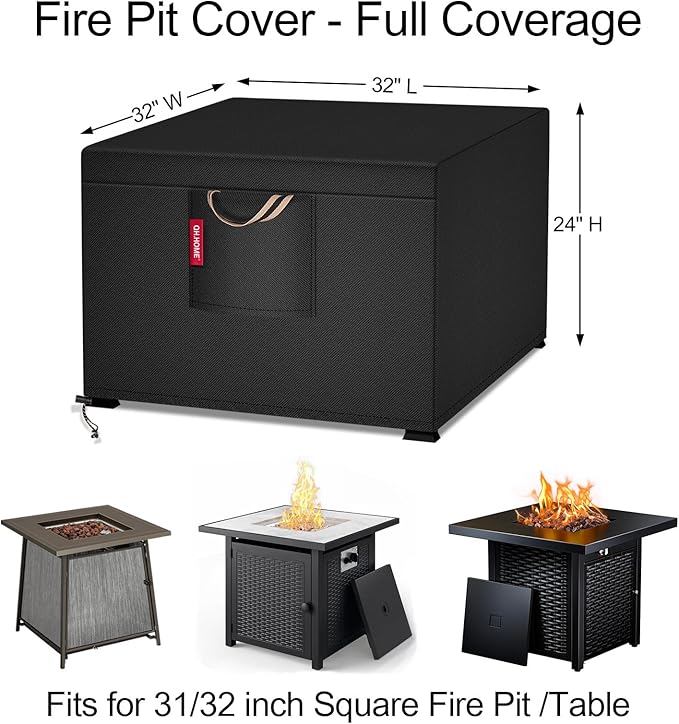 QH.HOME [2026 Upgraded 900D Heavy Duty Fabric] 32’’ Fire Pit Cover Square for 30/32 inch Fire Pit/Table, Waterproof Tear -Resistant Firepit Cover with Air Vent, 32"L x 32"W x 24"H - Black
