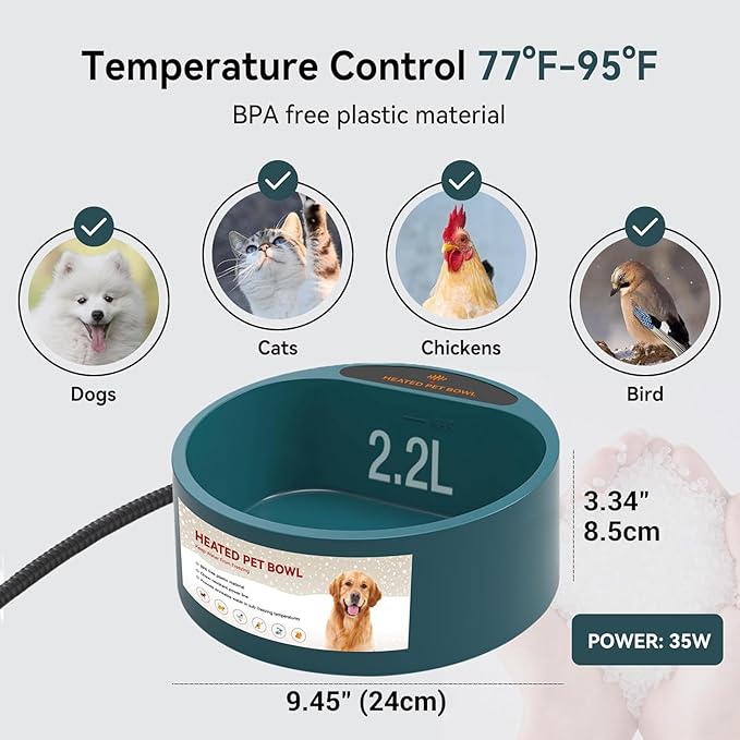 Heated Water Bowl for Cats, Outside Heating Dog Bowl Winter Heated Bowl for Feral Animals Birds Chickens Wildlife, 67OZ