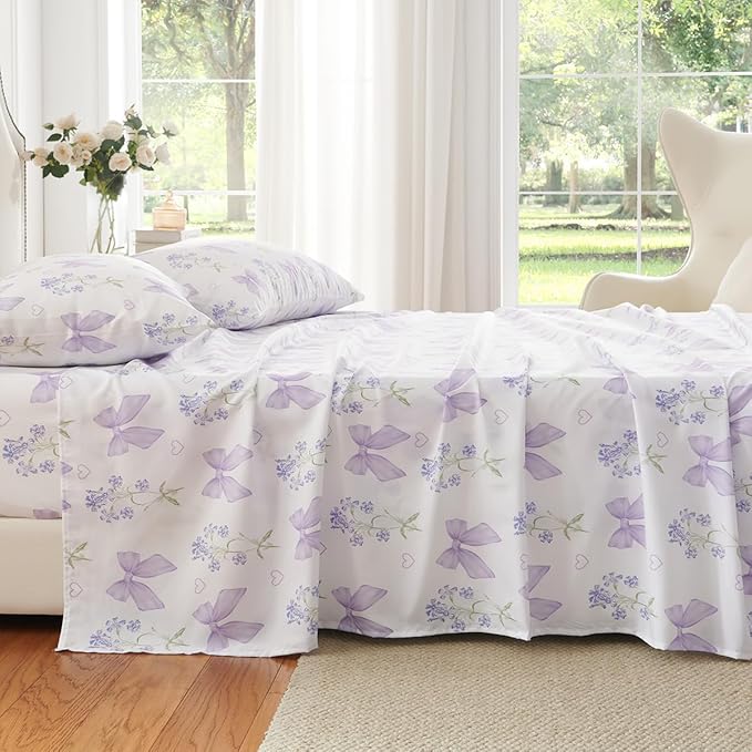 Purple Bow Sheet Set Queen Garden Floral Fitted Sheet Set for Girls Kids Soft Microfiber Fitted Flat Sheets & Pillowcases Cute Princess Style Bowknot Bedding Sets Toddlers 4 Pieces