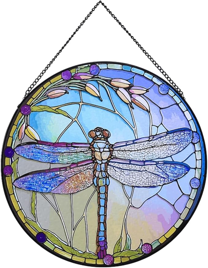 Dragonfly Stained Glass Suncatcher Artistic Window Hanging,7.8” Hand-Painted Glass Panel Wall Home Decor,Gift for Women Garden Decor Suncatcher (Dragonfly)
