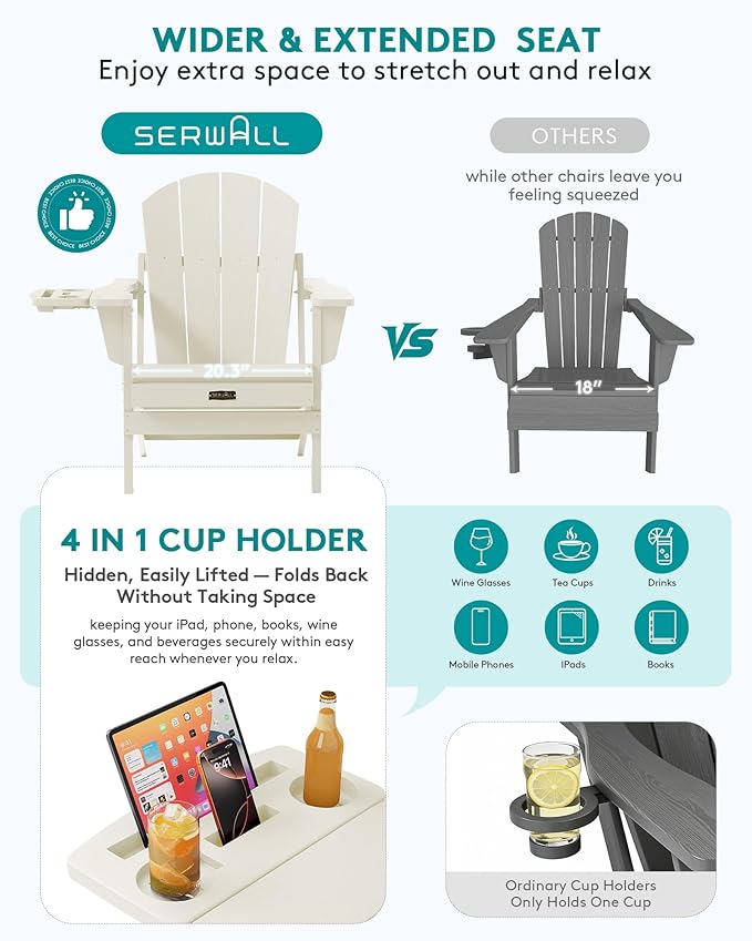 SERWALL Folding Adirondack Chair Set of 2, Adirondack Chairs with 4 in 1 Multi-Functional Cup Holder, All Weather Patio Chair with Wood Texture, Fire Pit Chairs for Outdoor, Garden, Backyard - White