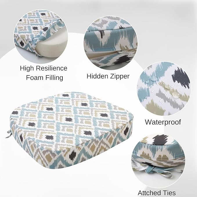 idee-home Outdoor Chair Cushions Set of 2, 19" x 19" x 3" Thick D-Shaped Patio Furniture Outdoor Seat Cushions Waterproof with Ties, Dining Pads