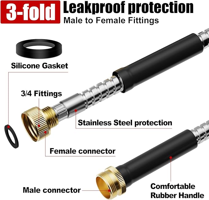 Short Garden Hose 3 ft, Male to Female Heavy Duty Stainless Steel Small Water Hose Extende Connector, Flexible No Kinks, Leakproof 3/4 in Fittings, Lightweight Leader Hosefor Patio, Lawn