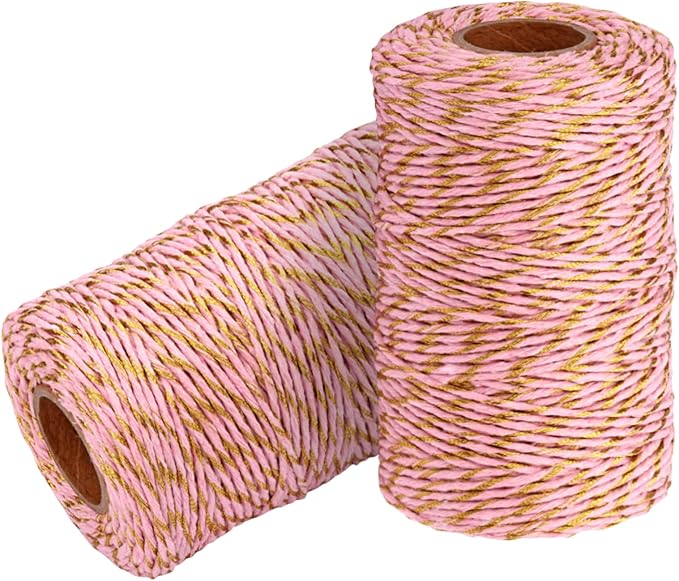 Cotton Twine String Bakers Rope: 2 Roll Twines for Crafts Gift Wrapping - 656 Feet Gold Wire Pink Twine for Kitchen Cooking