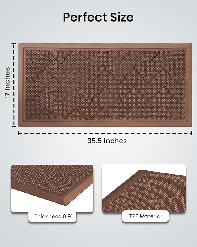 Long Front Door Mat for Outside Entrance 35.5"x17" – Anti-Slip Dirt-Trapping Waterproof Rubber Indoor & Outdoor Mat with Textured Surface for Entryway - Heavy Duty All Weather Doormat – Brown