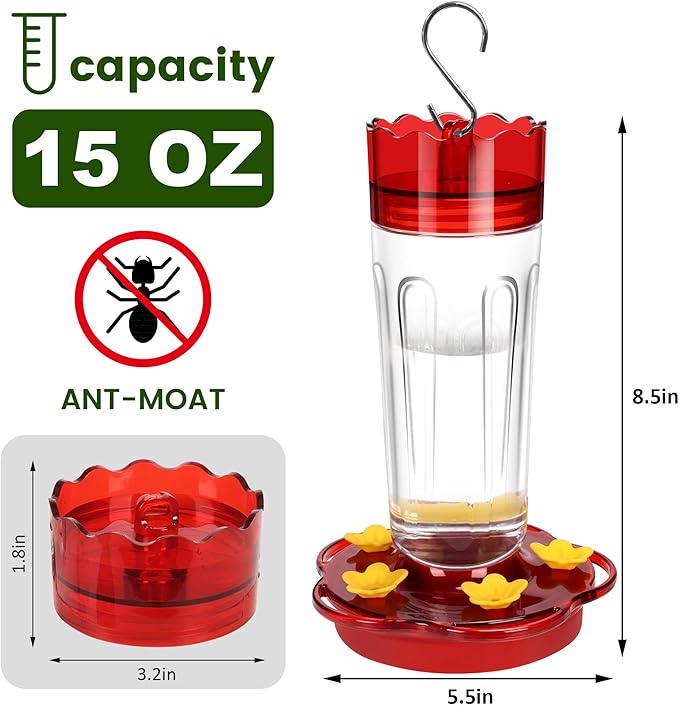 Hummingbird Feeders for Outdoors Hanging Ant and Bee Proof, 1 Pack 15 Ounces Red Hummingbird Feeder with 5 Feeding Ports and Perches, Built-in Ant Moat, Outside Garden Décor (Plastic, 1)