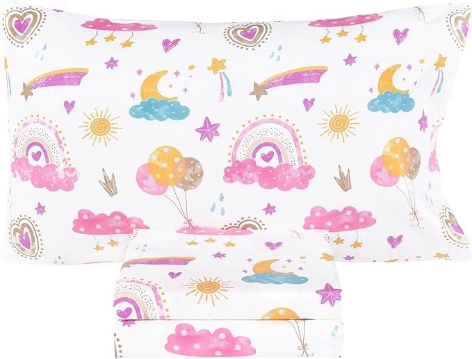 Scientific Sleep Pink Cloud Heart Rainbow Balloon Moon Star Cute Fun 100% Cotton Cozy Twin Bed Sheet Set, Flat Sheet & Fitted Sheet & Pillowcase Natural Bedding Set