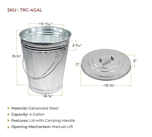 Mytee Products Galvanized Trash Can w/Lid Ideal for Trailers - 4 Gallon Steel Mounted Small Outdoor Garbage Can for Home, Office, Bathroom, Kitchen - Fire and Heat Resistant