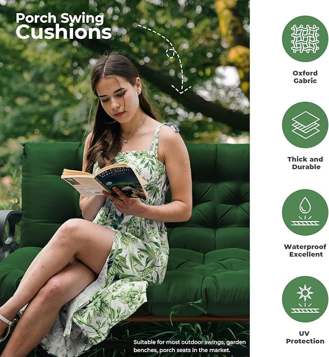 Porch Swing Cushions, Patio Swing Cushions Waterproof for Outdoor Furniture Thickened Outdoor Swing Bench Cushions 2-3 Seater Replacement with Ties for Outdoor Patio Swing (Green, 60x40 in)